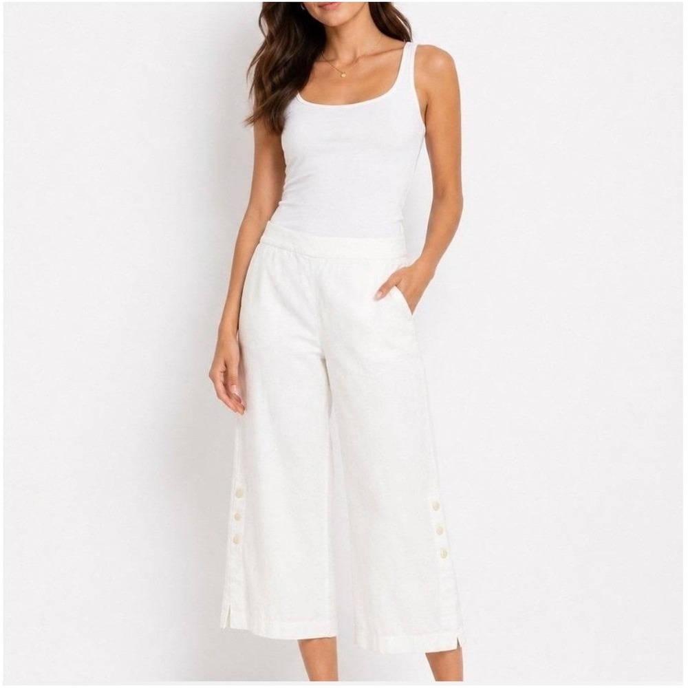 Soft Surroundings Wide Leg Pants Women Large White Linen Blend Button Hem Preppy